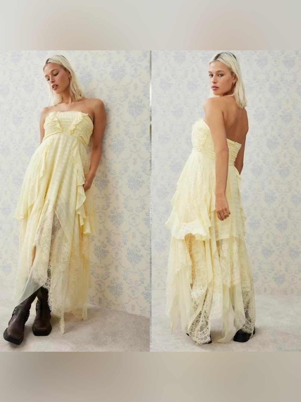 Free People Strapless Lace & Chiffon Maxi Dress in Pale Yellow
